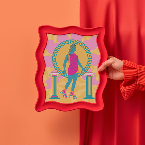 Colorful maximalist art print of a Greek godess on roller skates, set against a vibrant pink, orange, and green background with Greek columns.